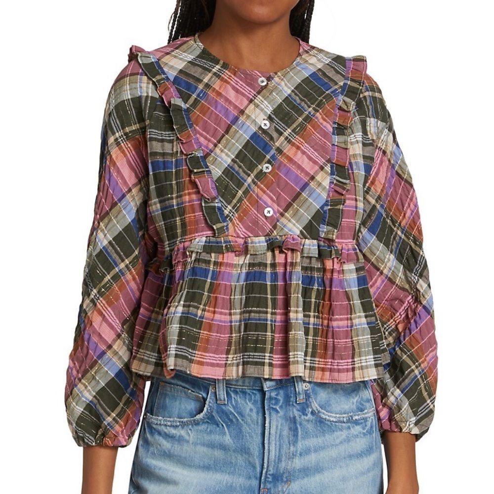 Veronica Beard Colorful Plaid Ruffle Blouse